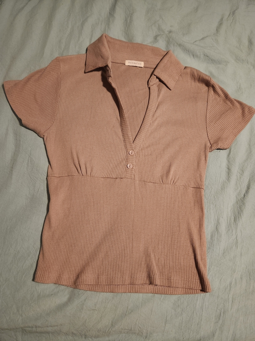 Ribbed Polo V-Neck Top in Beige